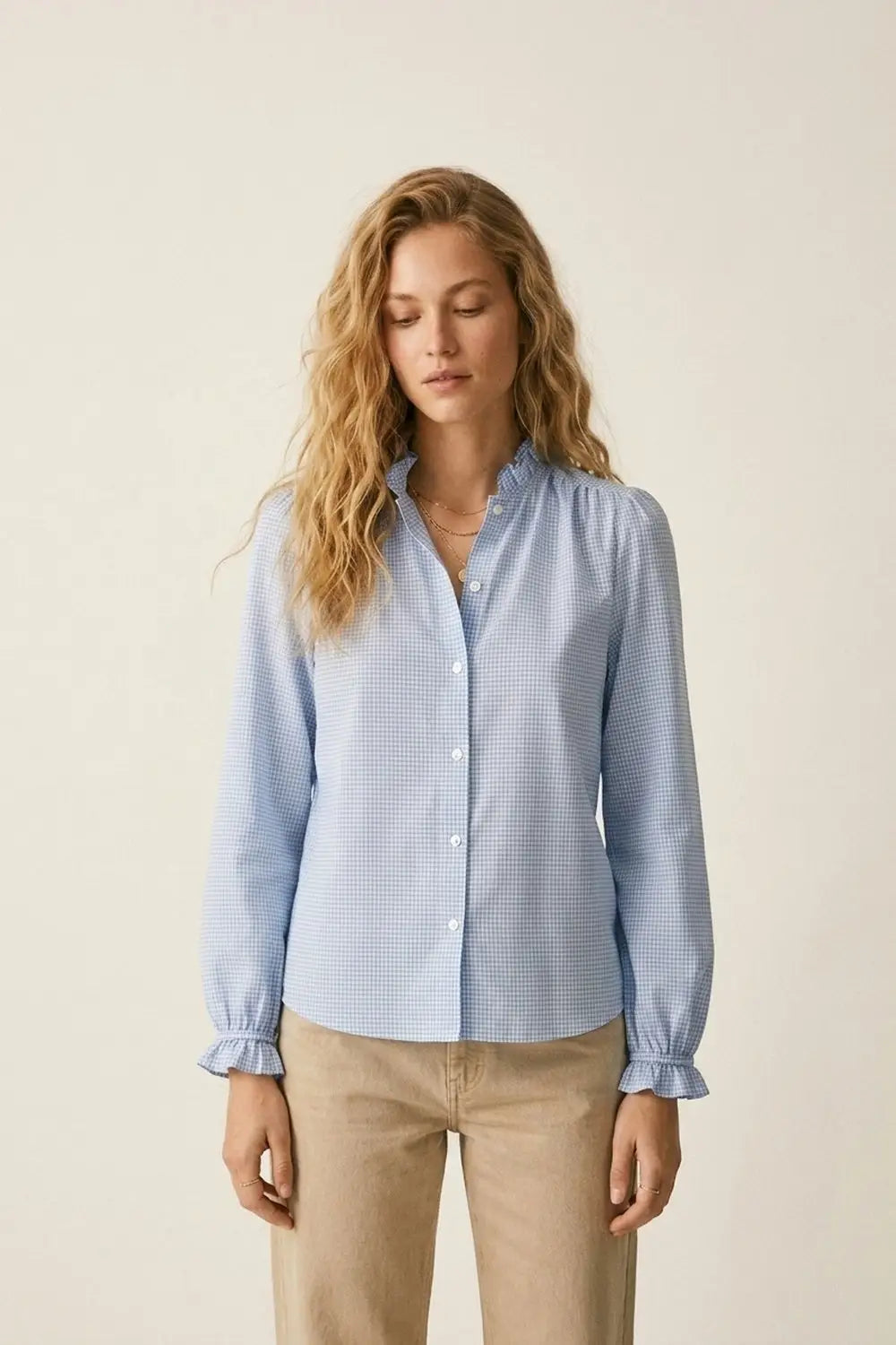 Light Blue Gingham Ruffle Collar Button-Up Shirt - Shirts