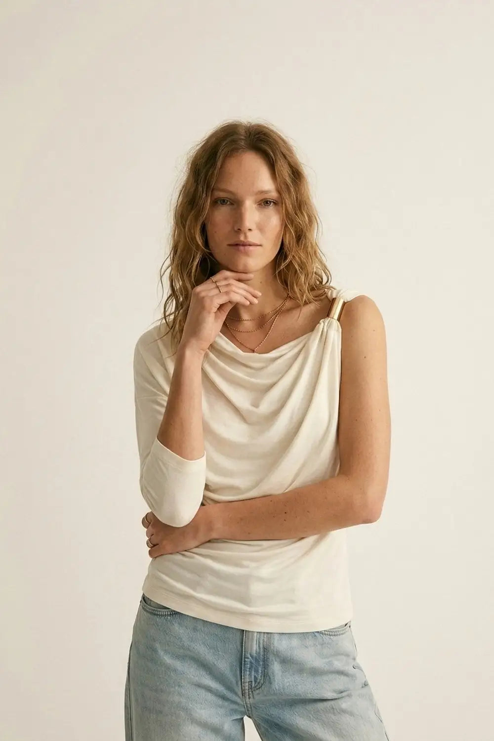 Cream one sleeve Top in elastic viscose with Gold Accent Detail - Tops