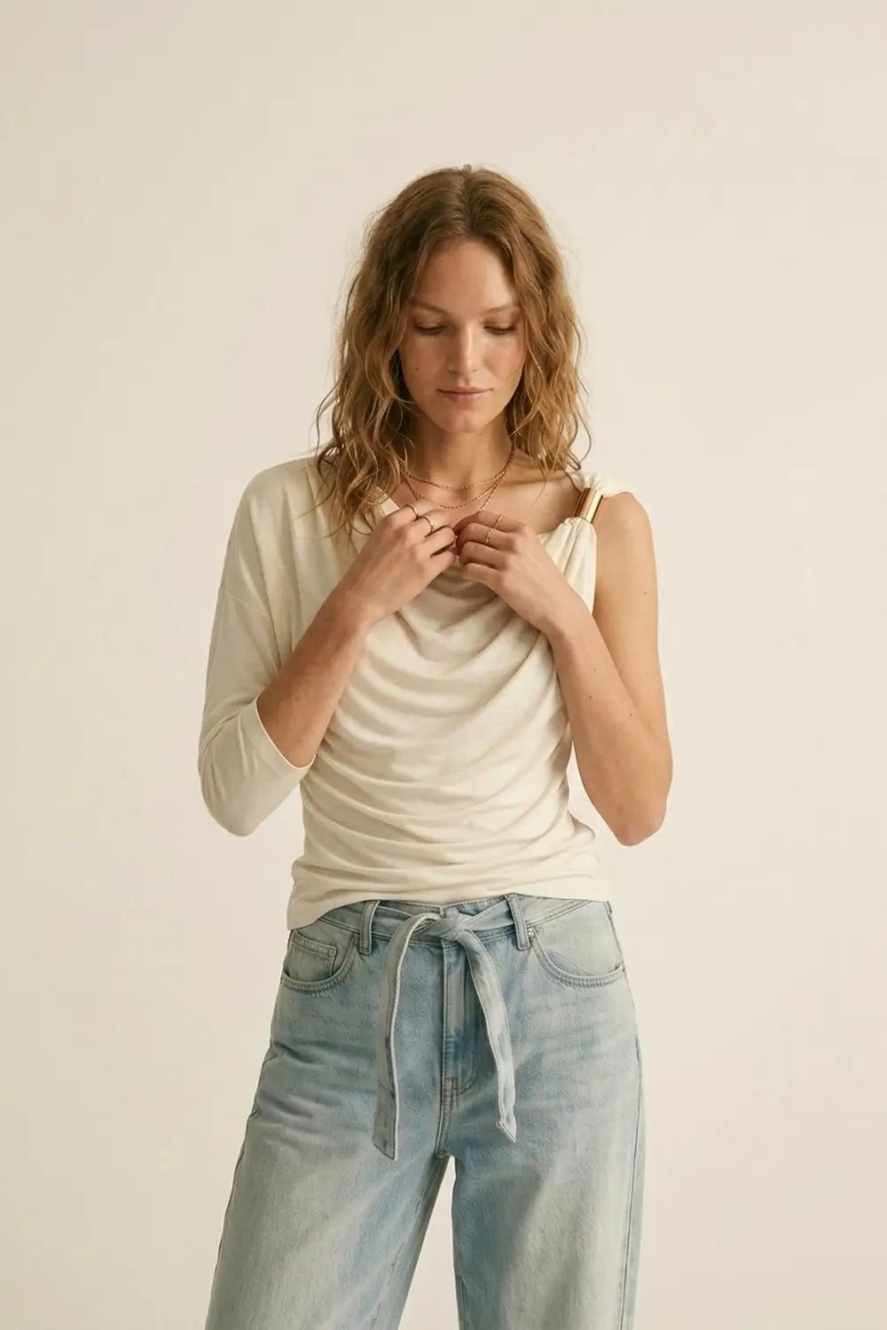 Cream one sleeve Top in elastic viscose with Gold Accent Detail - Tops