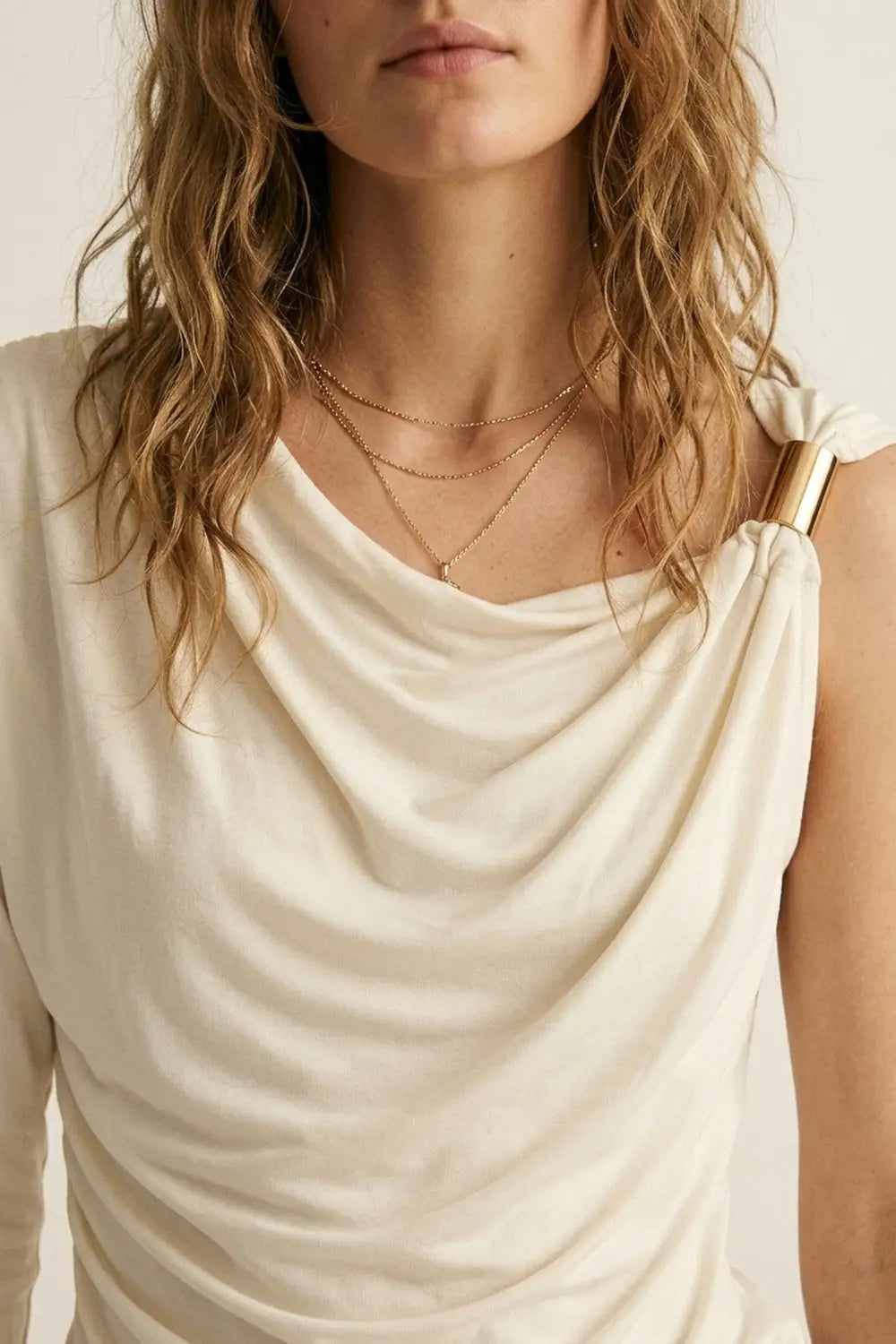 Cream one sleeve Top in elastic viscose with Gold Accent Detail - Tops