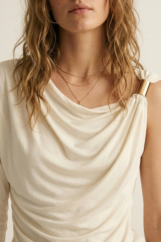 Cream one sleeve Top in elastic viscose with Gold Accent Detail - Tops