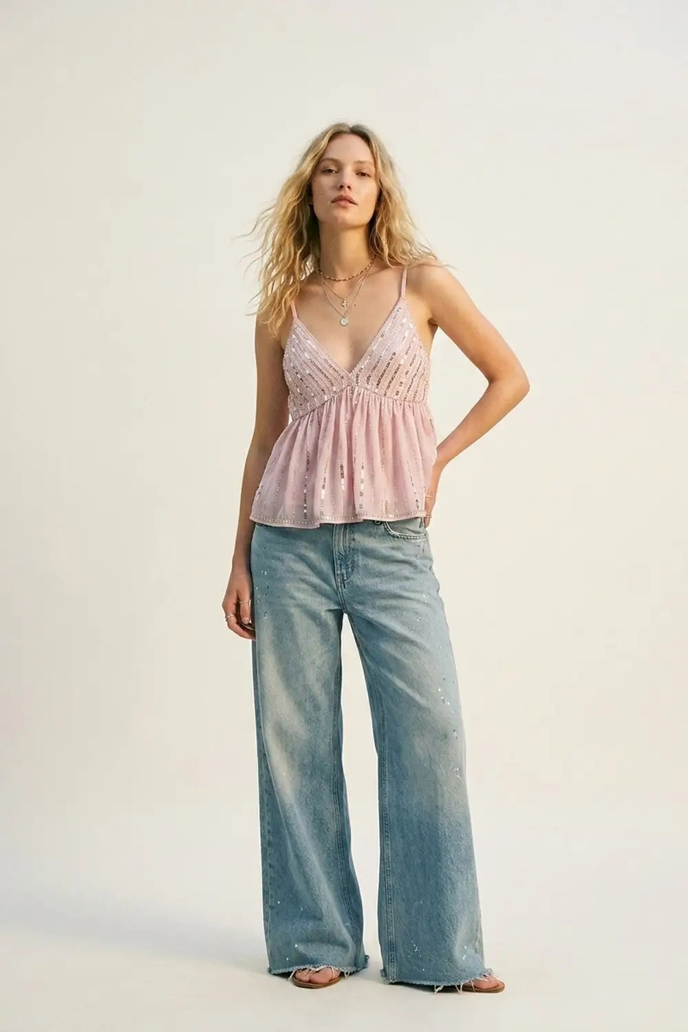 Pink Sequin Embellished Party top with Waist Detail - Tops