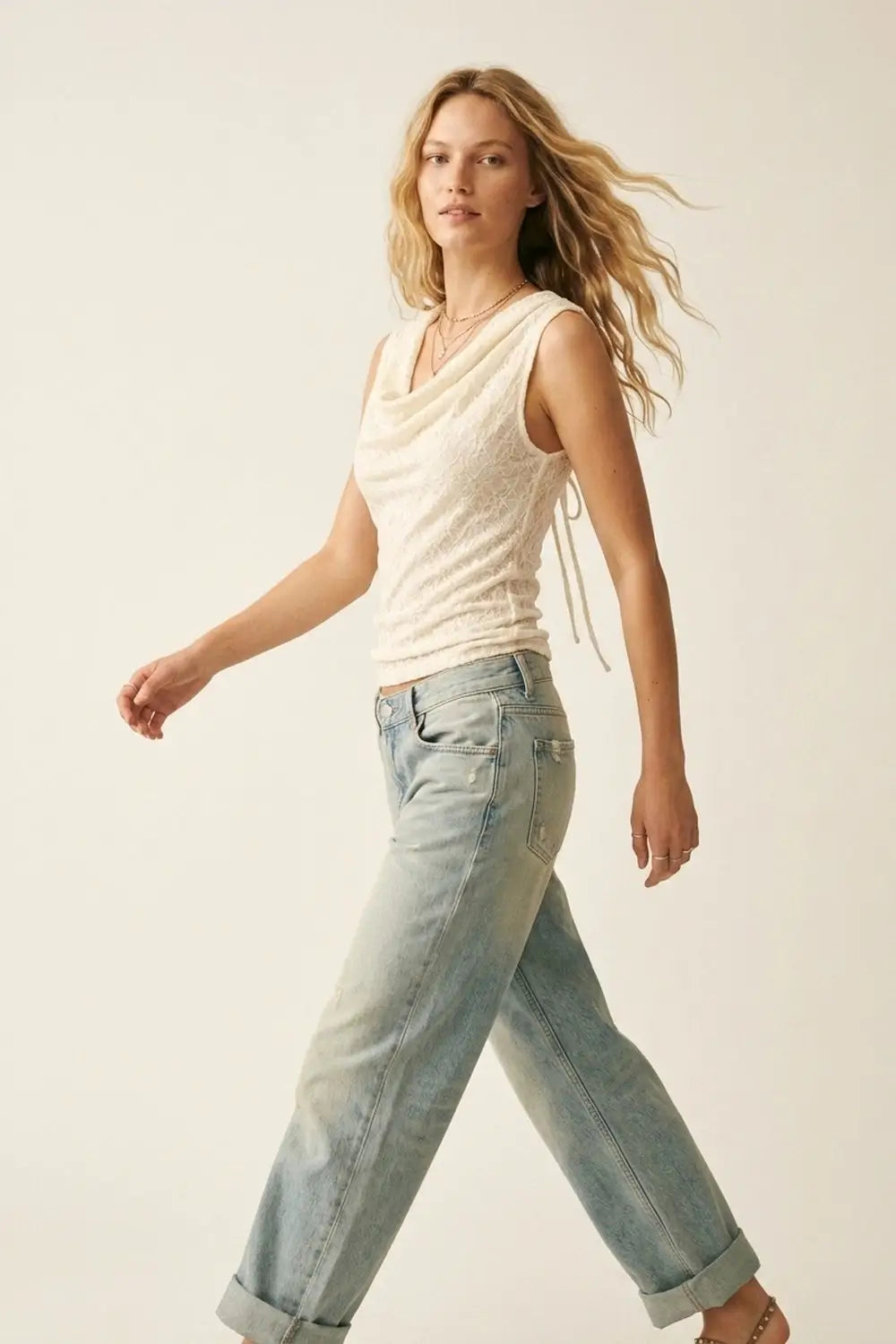 Cream Lace Sleeveless Cowl Neck Tank Top - Tops