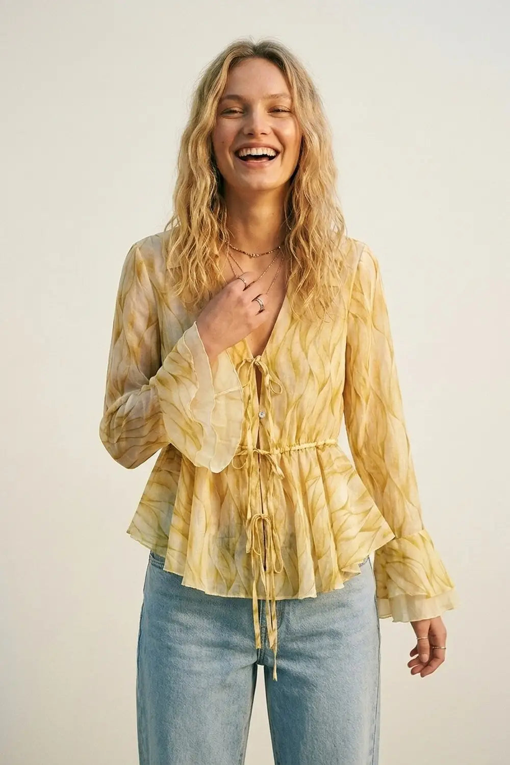 Yellow Sheer Printed Tie-Waist Blouse with Ruffled Hem - Tops