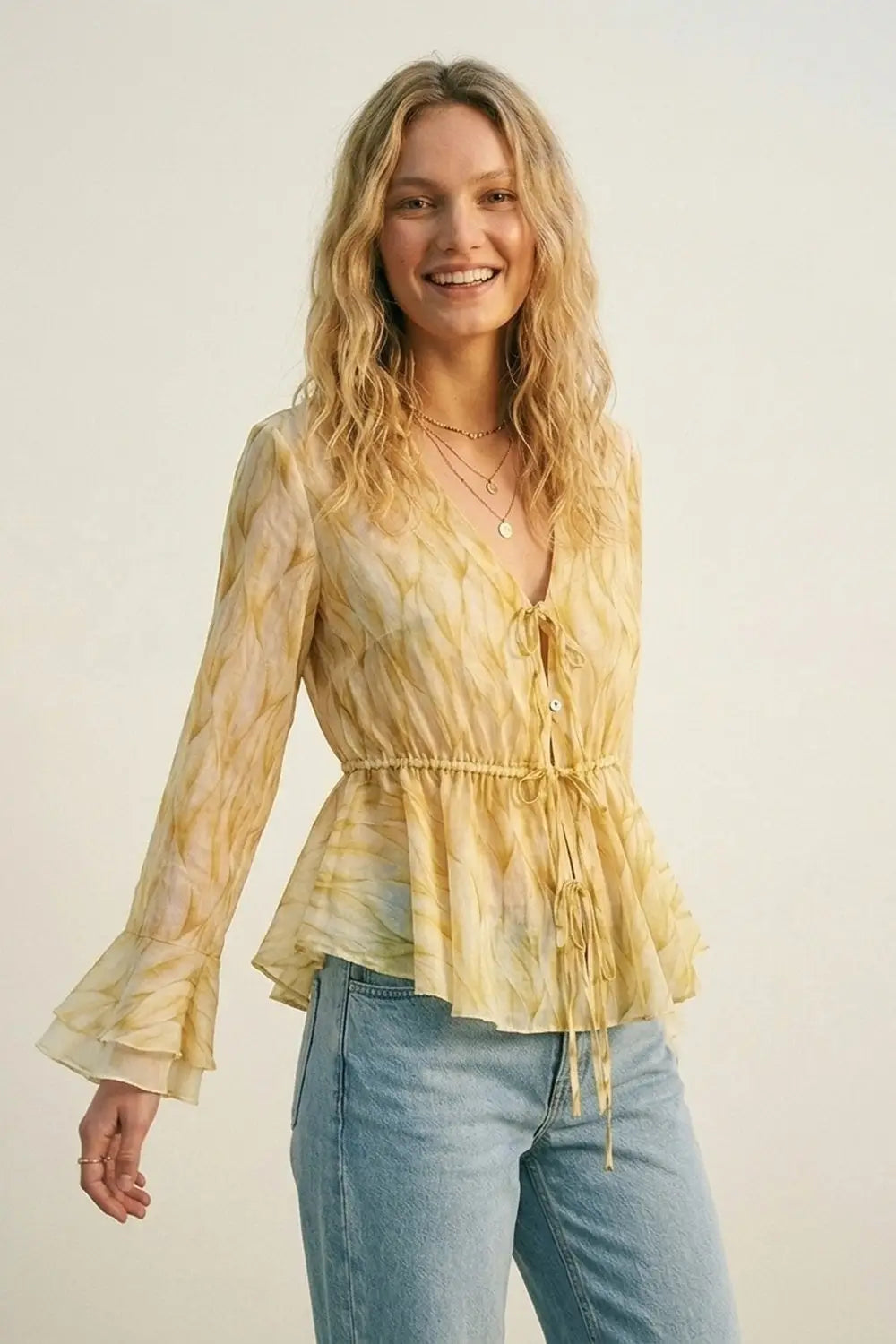 Yellow Sheer Printed Tie-Waist Blouse with Ruffled Hem - Tops