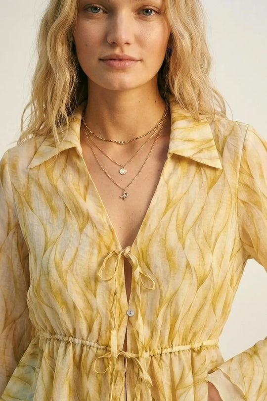 Yellow Sheer Printed Tie-Waist Blouse with Ruffled Hem - Tops