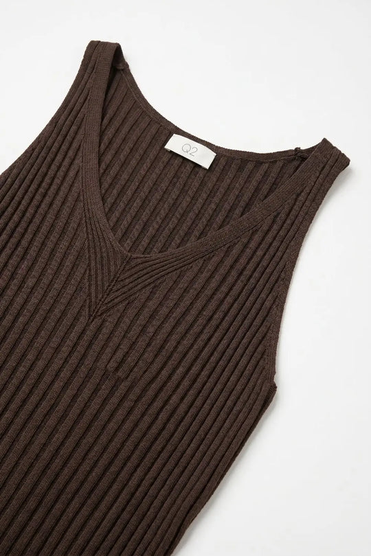 Brown Ribbed Knit V-Neck Tank Top - BROWN / ONE - Tops