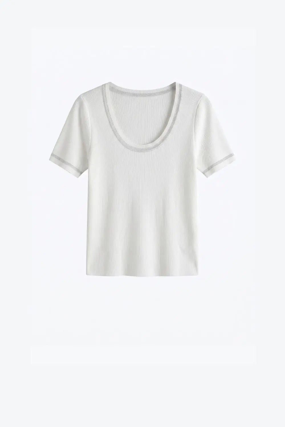 White Ribbed Knit Scoop Neck sweater with shiny lurex trim - WHITE / ONE - Sweaters