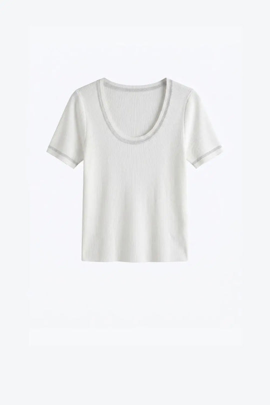 White Ribbed Knit Scoop Neck sweater with shiny lurex trim - WHITE / ONE - Sweaters