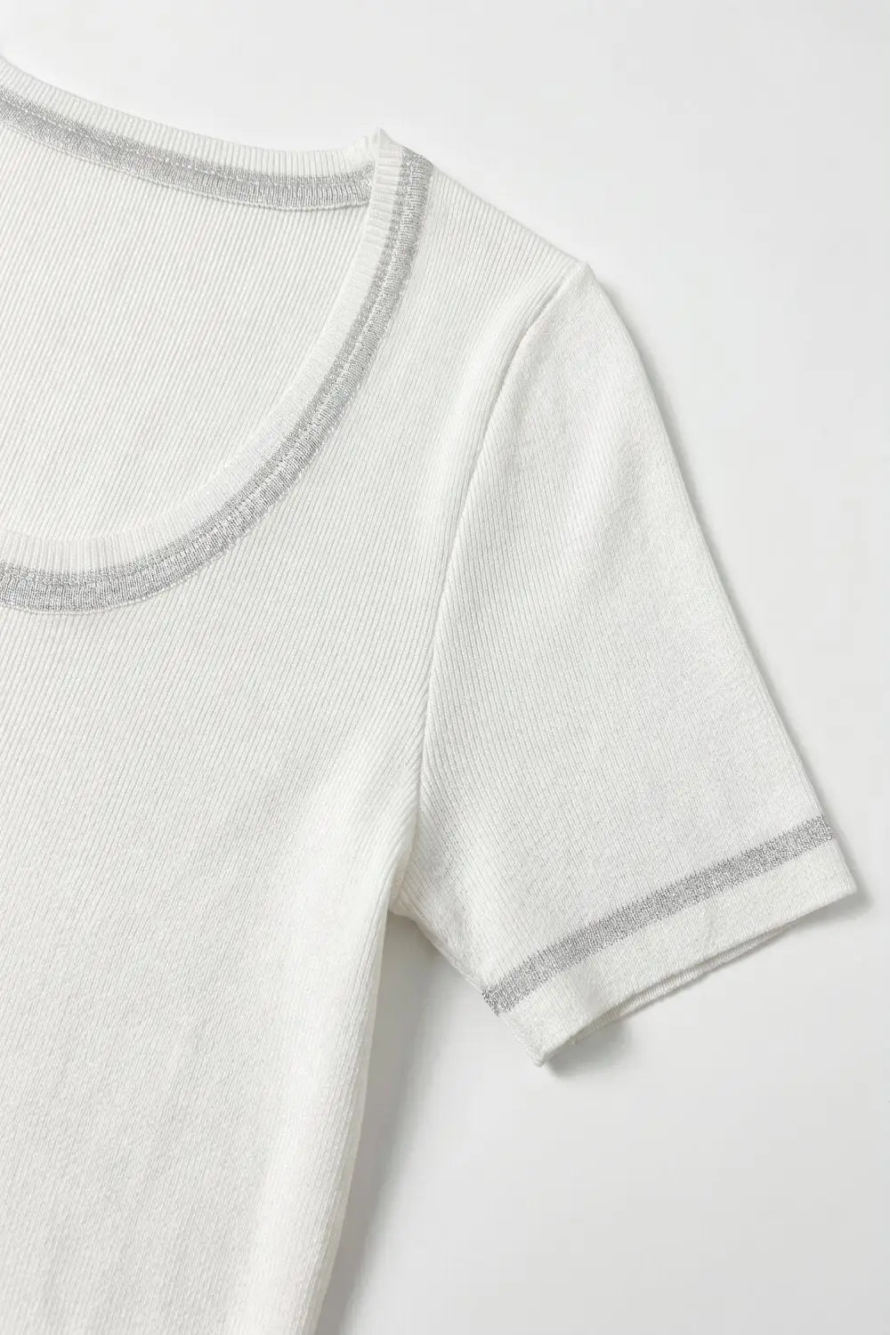 White Ribbed Knit Scoop Neck sweater with shiny lurex trim - WHITE / ONE - Sweaters