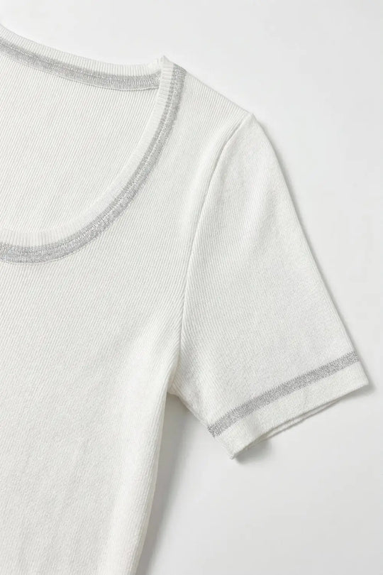 White Ribbed Knit Scoop Neck sweater with shiny lurex trim - WHITE / ONE - Sweaters