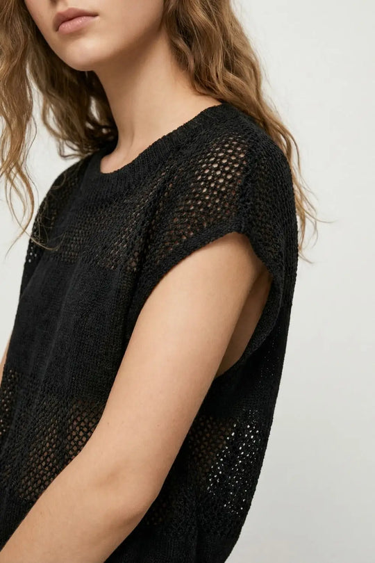 Black Open Knit Relaxed Fit Cap Sleeve Sweater - BLACK / ONE - Sweaters