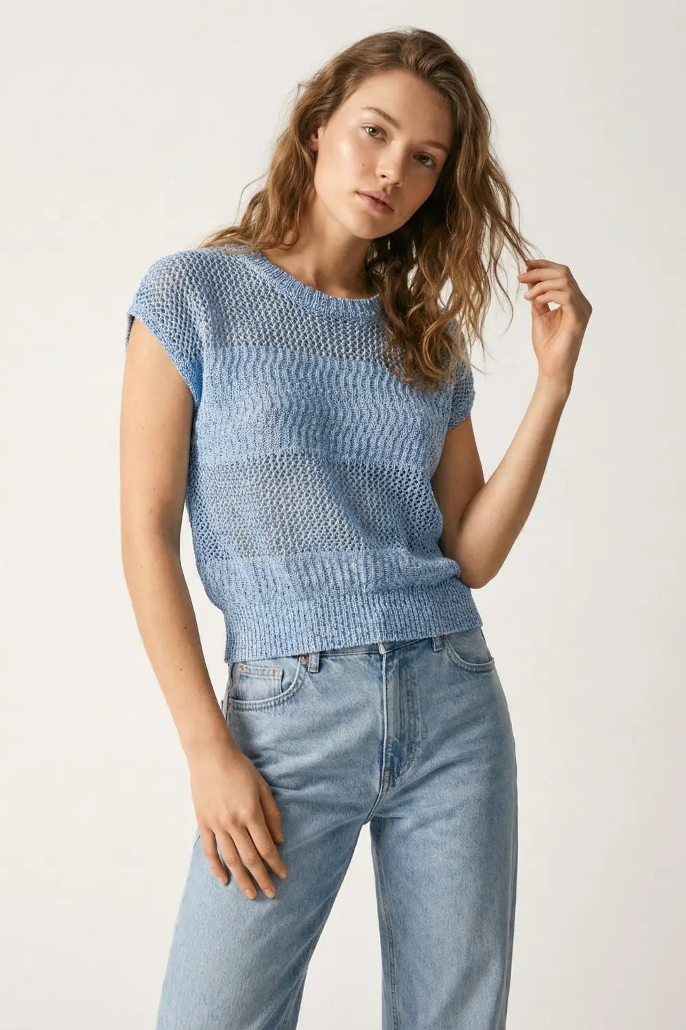 Light Blue Mesh Knit Relaxed Fit Sweater - BLUE / ONE - Sweaters