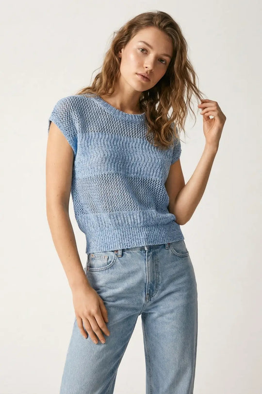 Light Blue Mesh Knit Relaxed Fit Sweater - BLUE / ONE - Sweaters