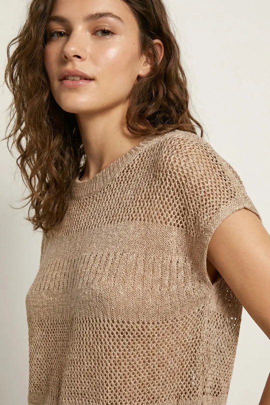 Beige crochet Knit Cap Sleeve Sweater - CAMEL / ONE - Sweaters