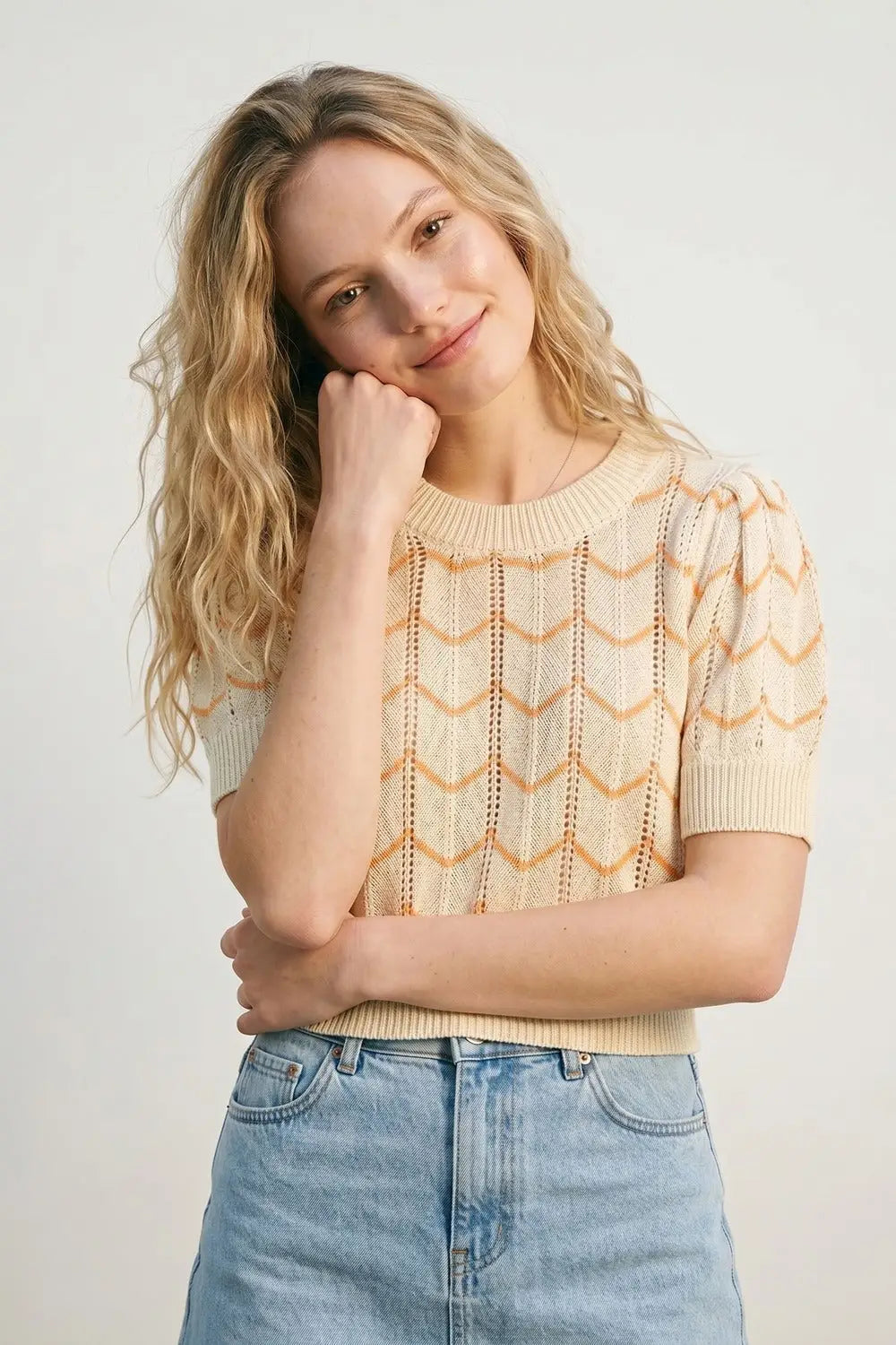 Crop Herringbone Print Fine Knit Jumper in Light Yellow - BEIGE / ONE - Sweaters