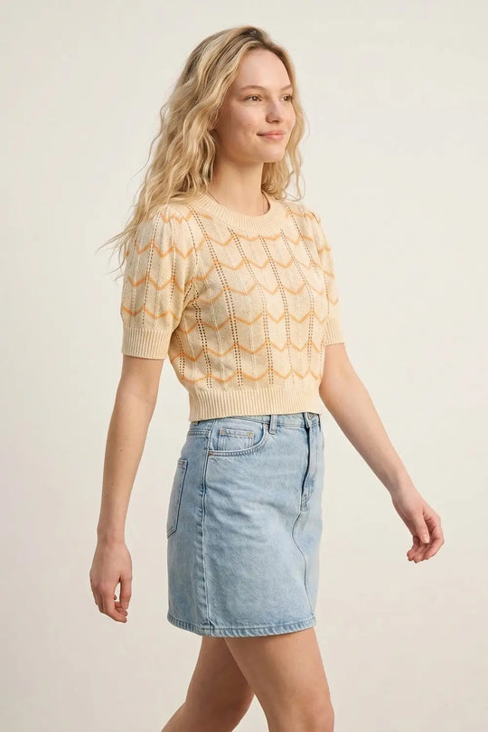 Crop Herringbone Print Fine Knit Jumper in Light Yellow - BEIGE / ONE - Sweaters