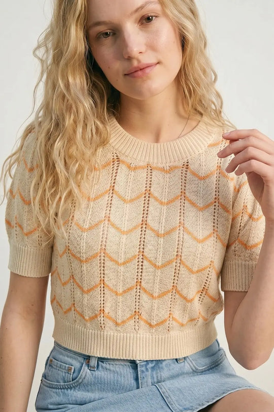 Crop Herringbone Print Fine Knit Jumper in Light Yellow - BEIGE / ONE - Sweaters