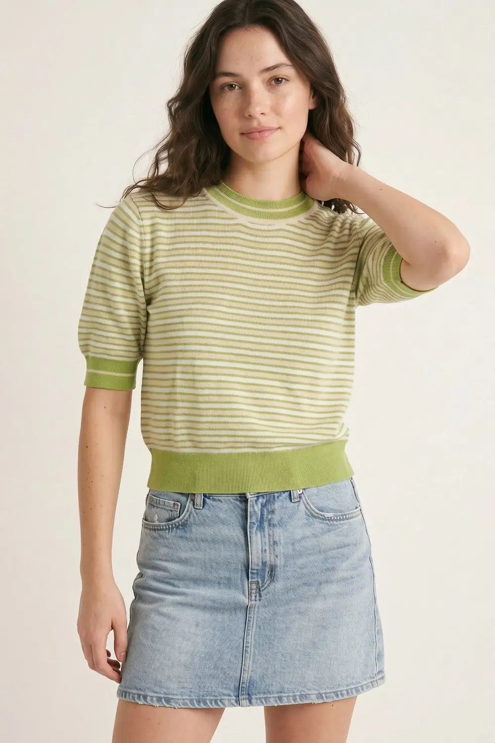 Short-Sleeve Striped Sweater in green and cream - GREEN / ONE - Sweaters