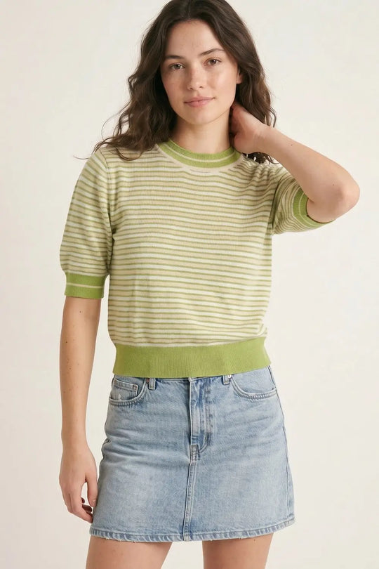 Short-Sleeve Striped Sweater in green and cream - GREEN / ONE - Sweaters