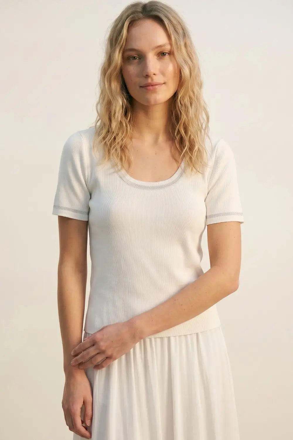 White Ribbed Knit Scoop Neck sweater with shiny lurex trim - WHITE / ONE - Sweaters