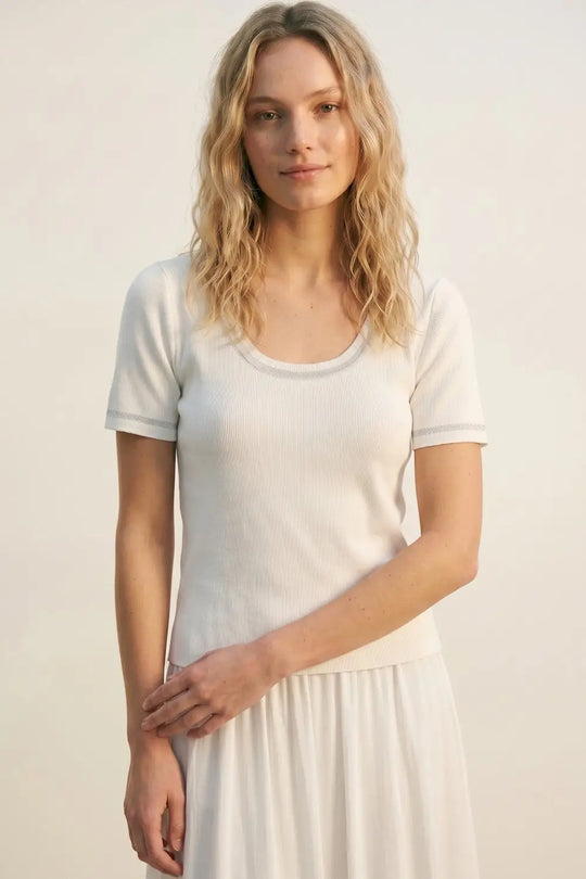 White Ribbed Knit Scoop Neck sweater with shiny lurex trim - WHITE / ONE - Sweaters