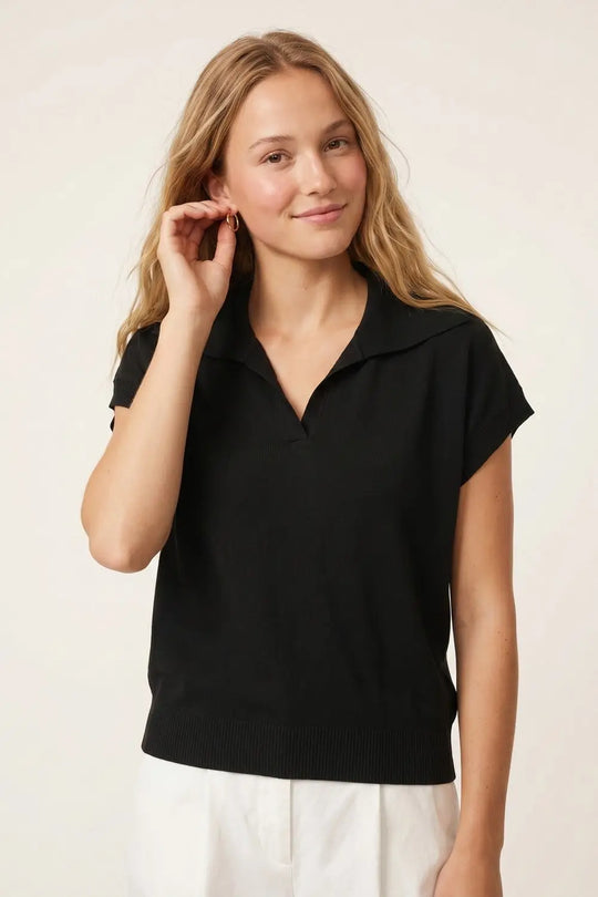 Black Fine Knit Polo Collar Rib Hem Regular Fit Top - BLACK / ONE - Polos