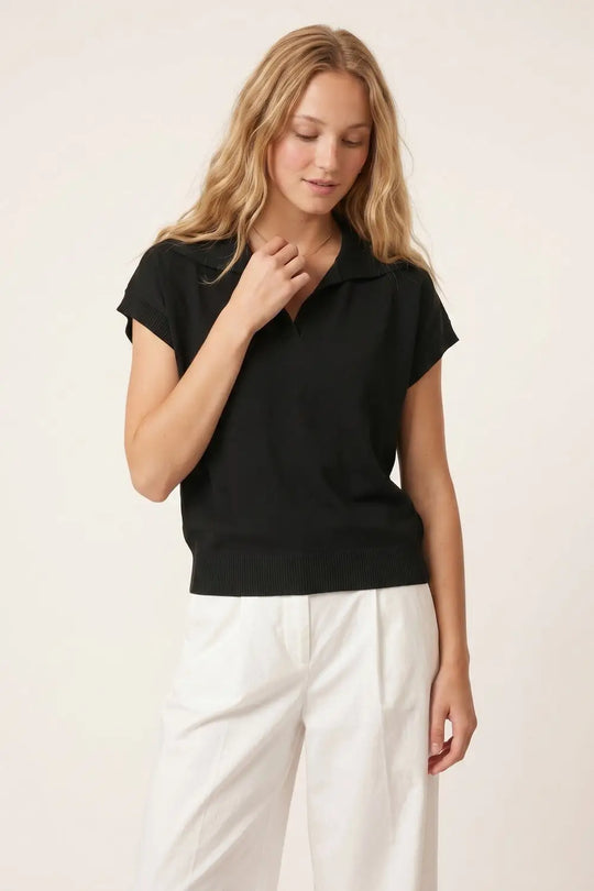 Black Fine Knit Polo Collar Rib Hem Regular Fit Top - BLACK / ONE - Polos