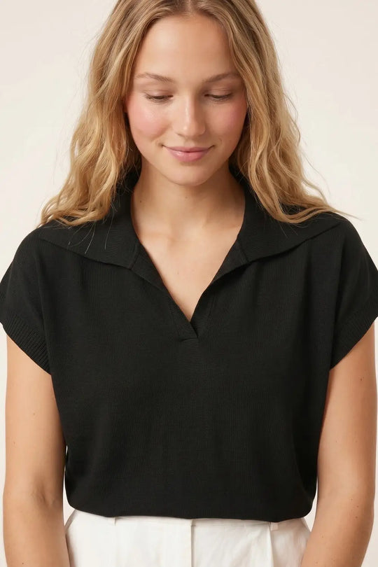 Black Fine Knit Polo Collar Rib Hem Regular Fit Top - BLACK / ONE - Polos