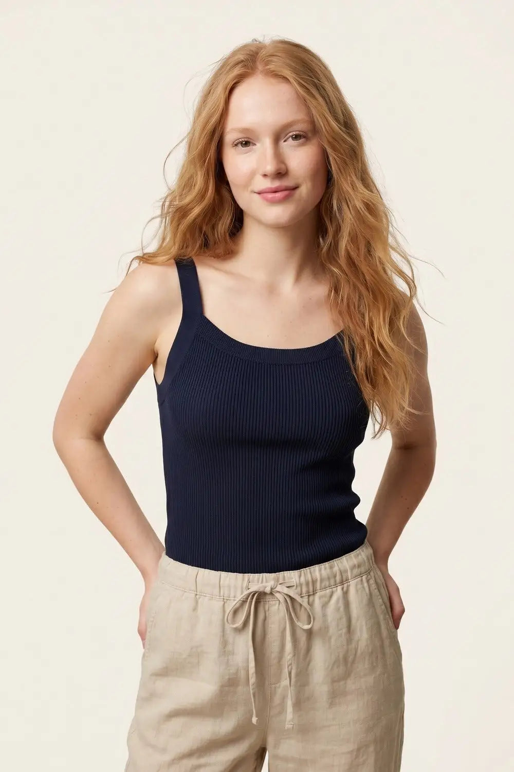 Navy Ribbed Knit Top with Wide Straps - NAVY / ONE - Tops