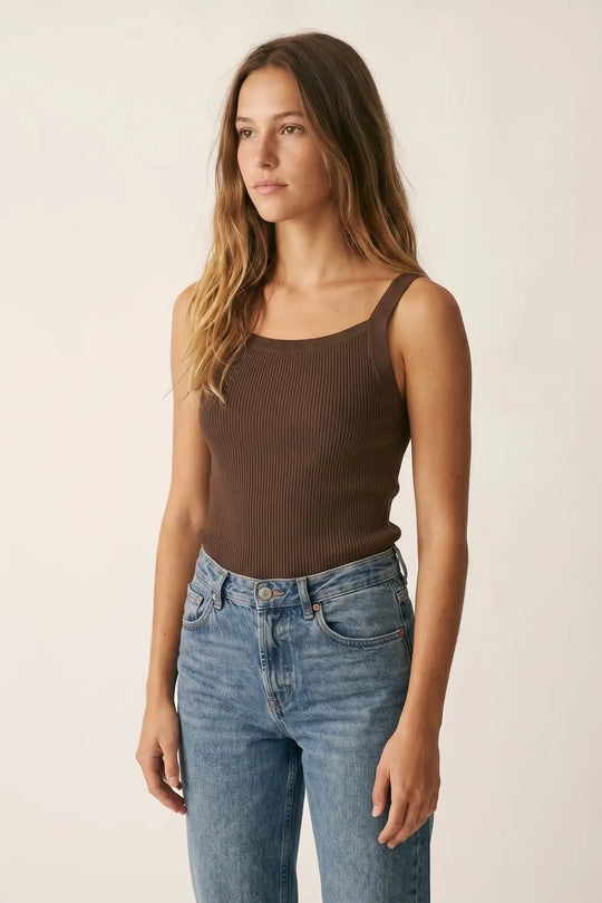 Brown Ribbed Knit Top with Wide Straps - BROWN / ONE - Tops