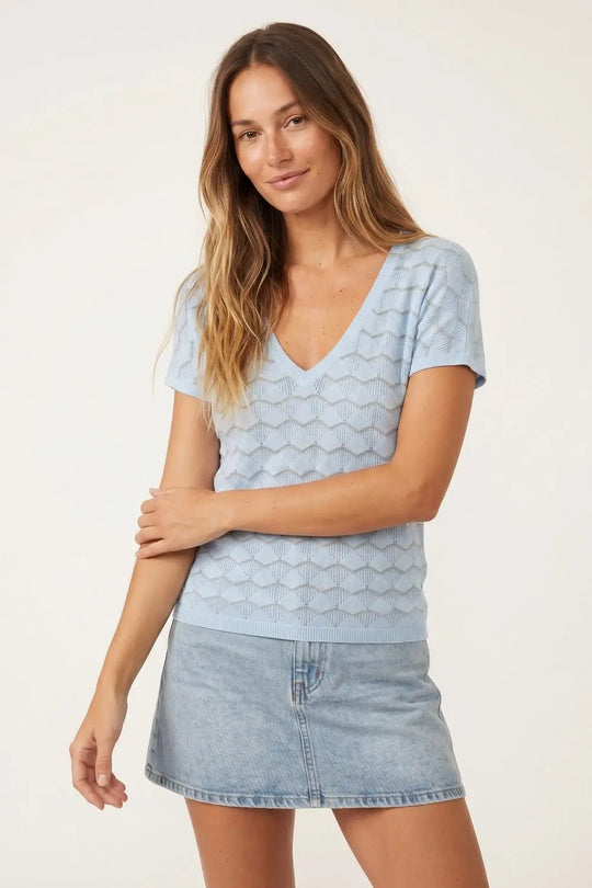Light Blue Chevron Pattern Fine Knit V-Neck Short Sleeve Top - BLUE / ONE - Sweaters