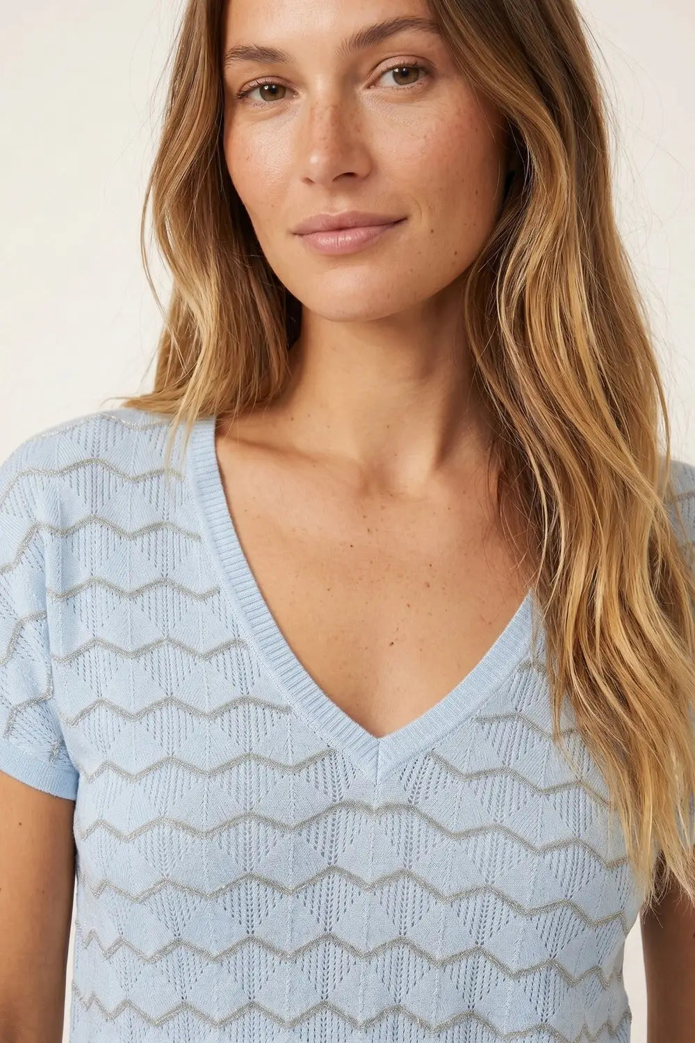 Light Blue Chevron Pattern Fine Knit V-Neck Short Sleeve Top - BLUE / ONE - Sweaters