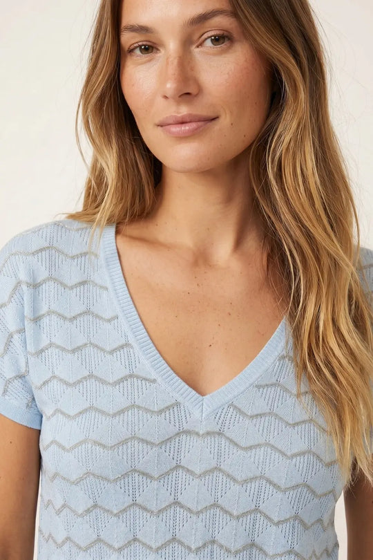 Light Blue Chevron Pattern Fine Knit V-Neck Short Sleeve Top - BLUE / ONE - Sweaters