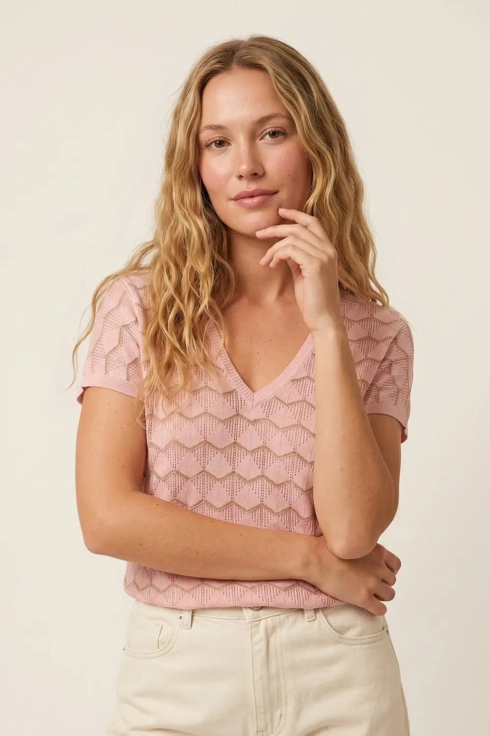 Light Pink Chevron Fine Knit V-Neck Short Sleeve Top - PINK / ONE - Sweaters