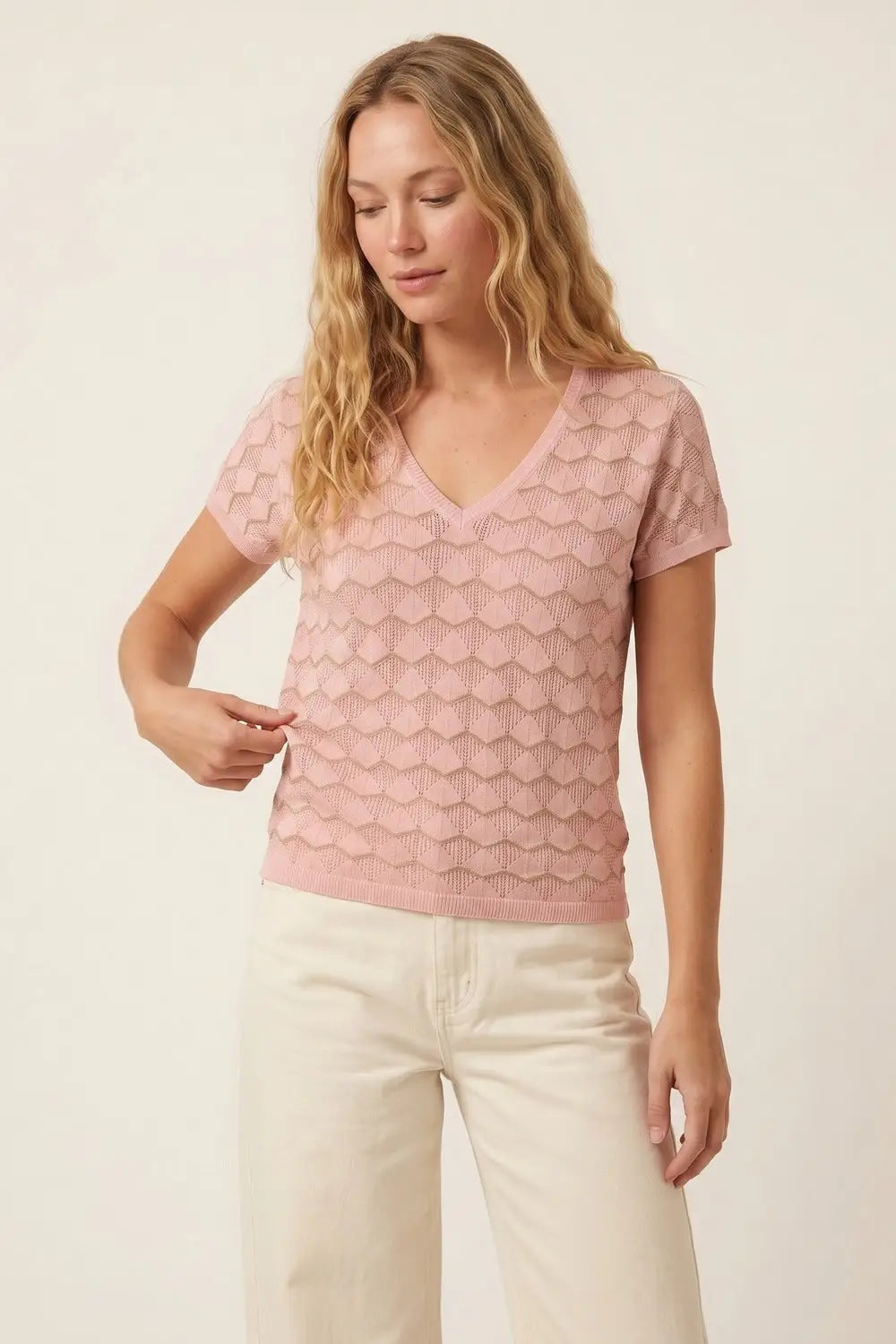 Light Pink Chevron Fine Knit V-Neck Short Sleeve Top - PINK / ONE - Sweaters