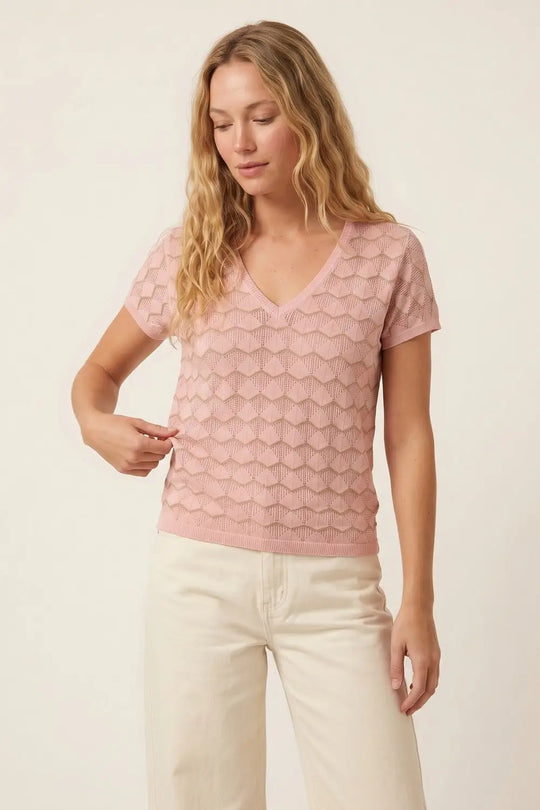 Light Pink Chevron Fine Knit V-Neck Short Sleeve Top - PINK / ONE - Sweaters