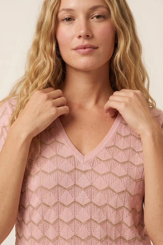 Light Pink Chevron Fine Knit V-Neck Short Sleeve Top - PINK / ONE - Sweaters