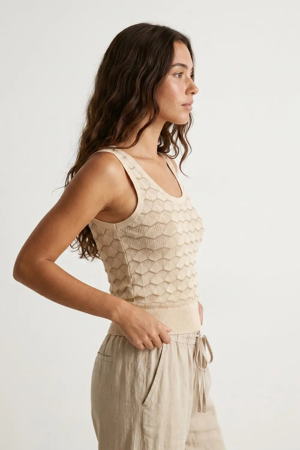 Beige Geo Knit Textured Sleeveless Top - BEIGE / ONE - Tops