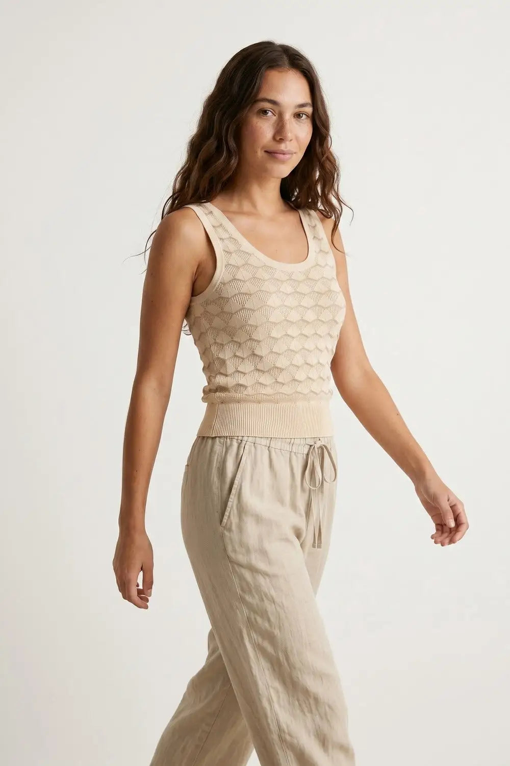 Beige Geo Knit Textured Sleeveless Top - BEIGE / ONE - Tops