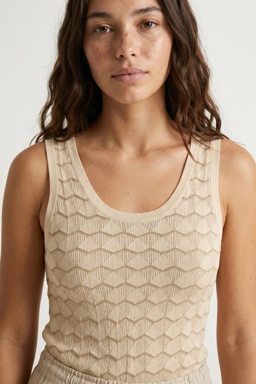 Beige Geo Knit Textured Sleeveless Top - BEIGE / ONE - Tops