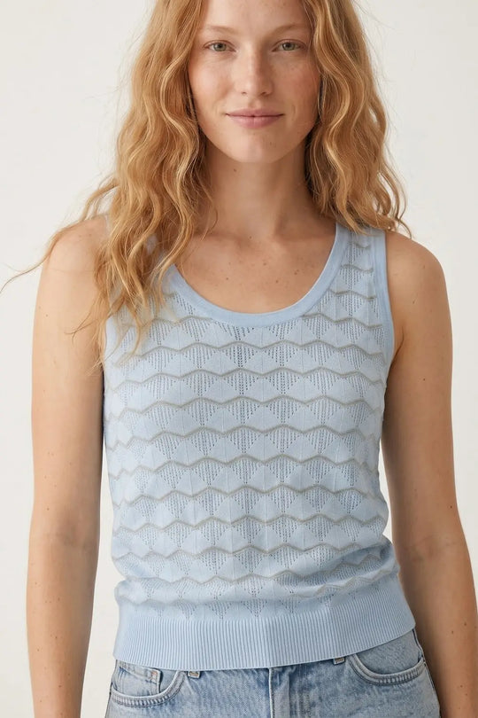 Light Blue Chevron Pointelle Knit Sleeveless Top - BLUE / ONE - Tops