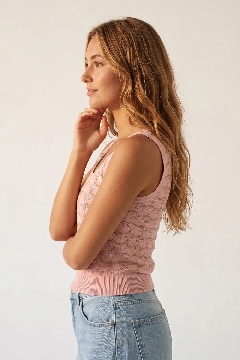 Light Pink Geo Knit Metallic Trim Top - PINK / ONE - Tops
