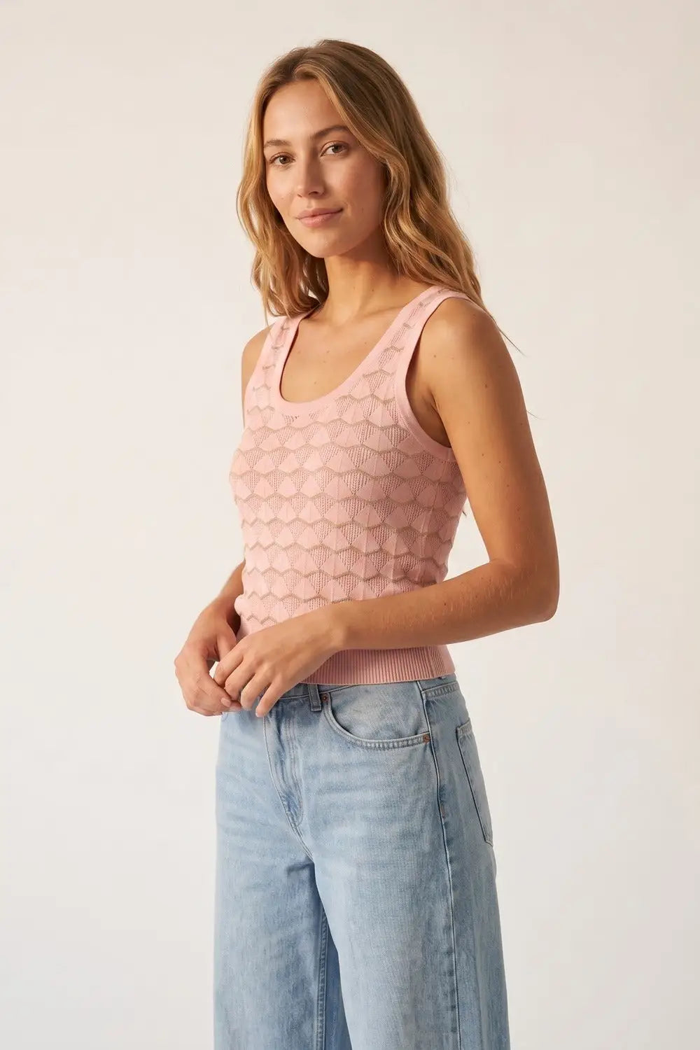 Light Pink Geo Knit Metallic Trim Top - PINK / ONE - Tops