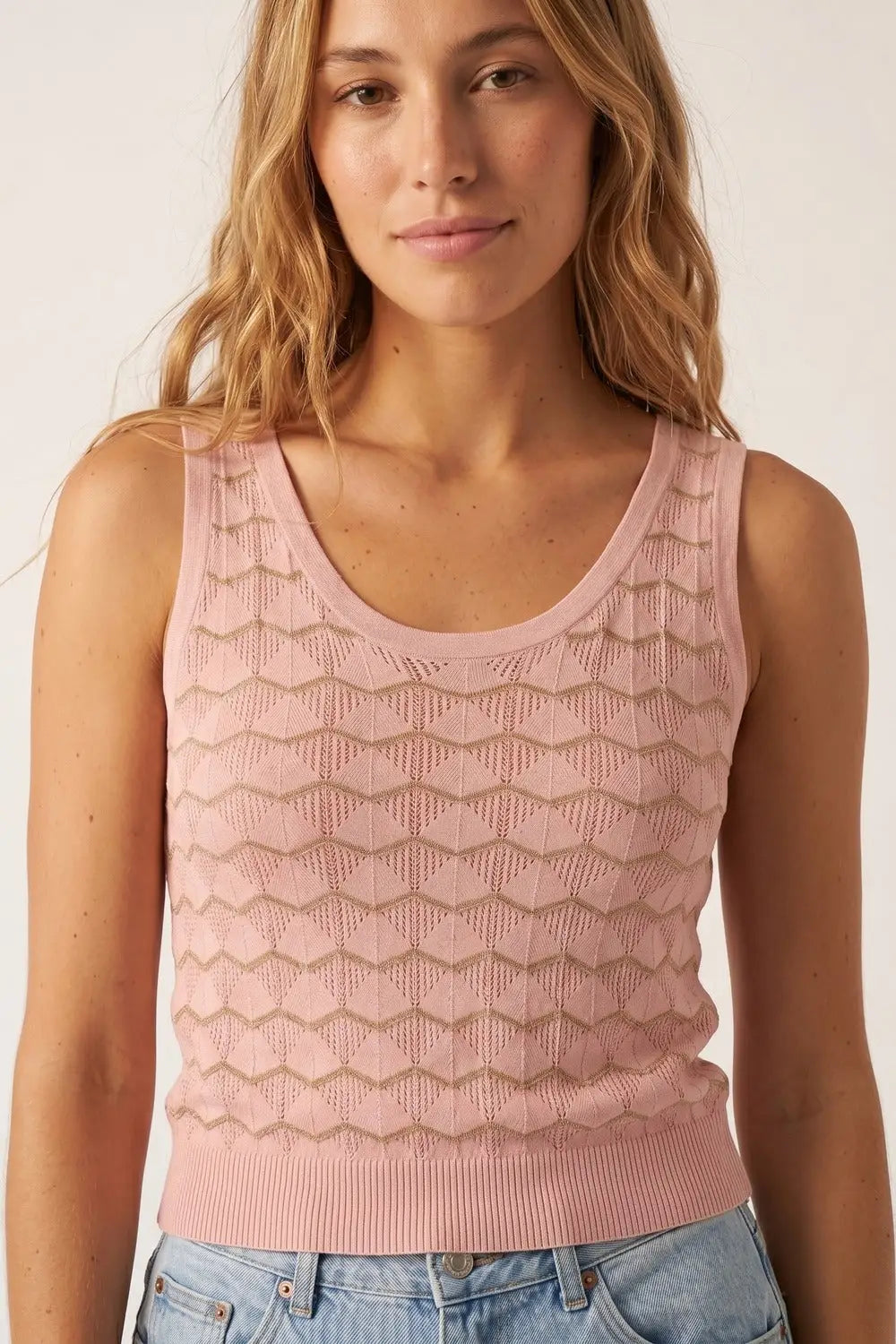 Light Pink Geo Knit Metallic Trim Top - PINK / ONE - Tops