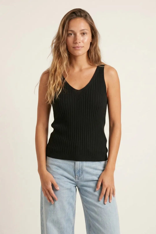 Black Ribbed Knit V-Neck Tank Top - BLACK / ONE - Tops