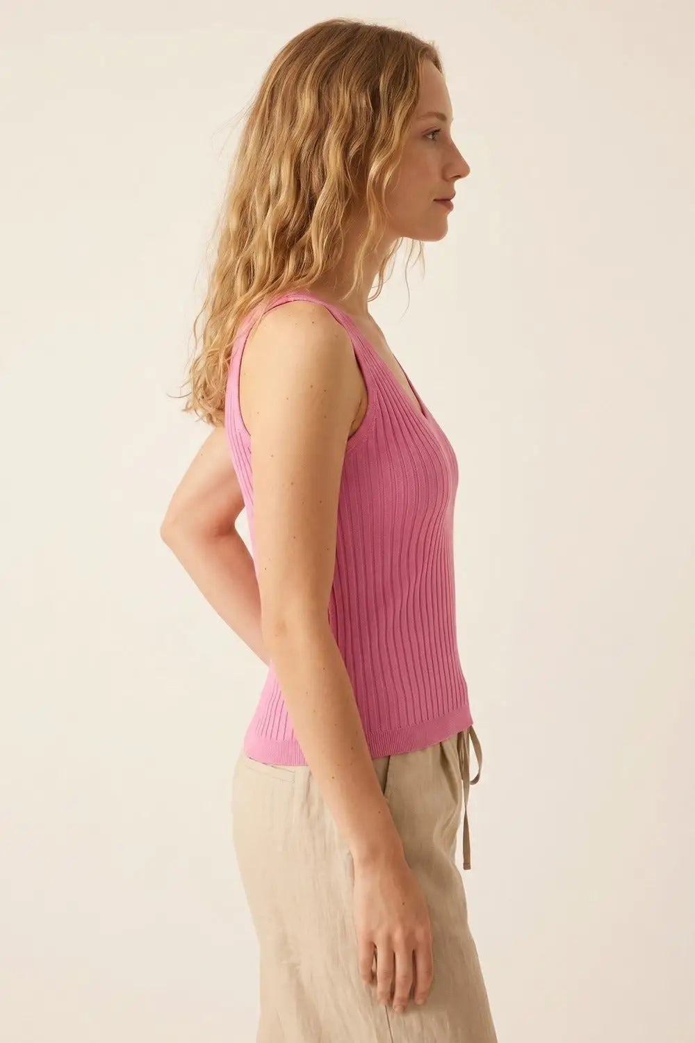 Pink Ribbed Knit V-Neck Tank Top - FUCHSIA / ONE - Tops