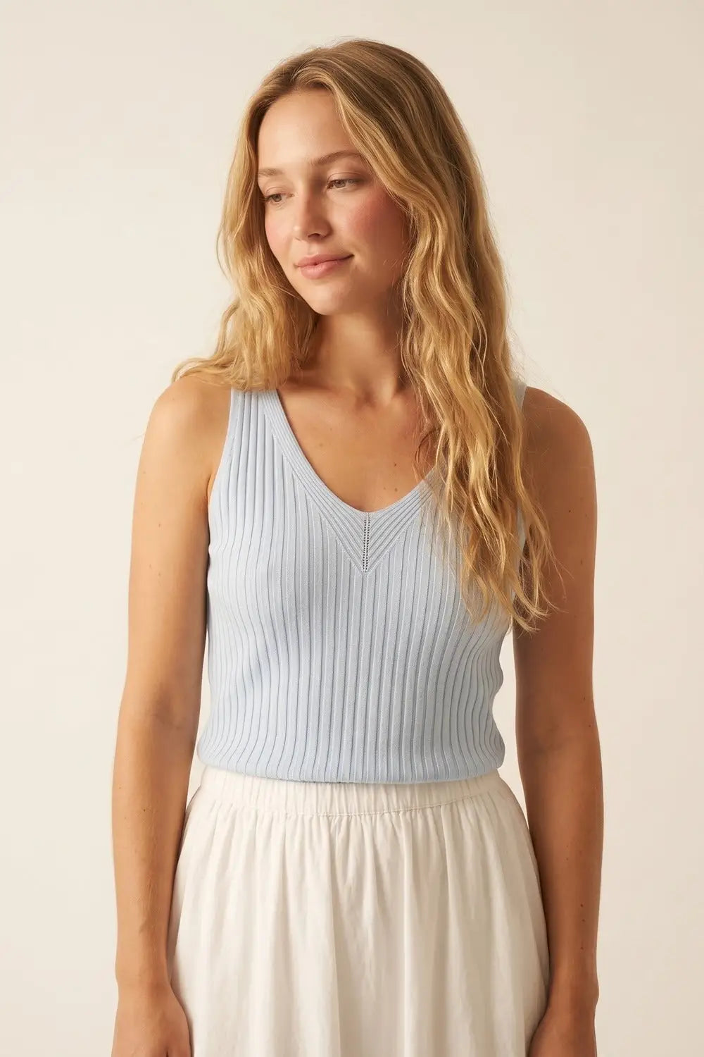 Light Blue Ribbed Knit V-Neck Tank Top - BLUE / ONE - Tops