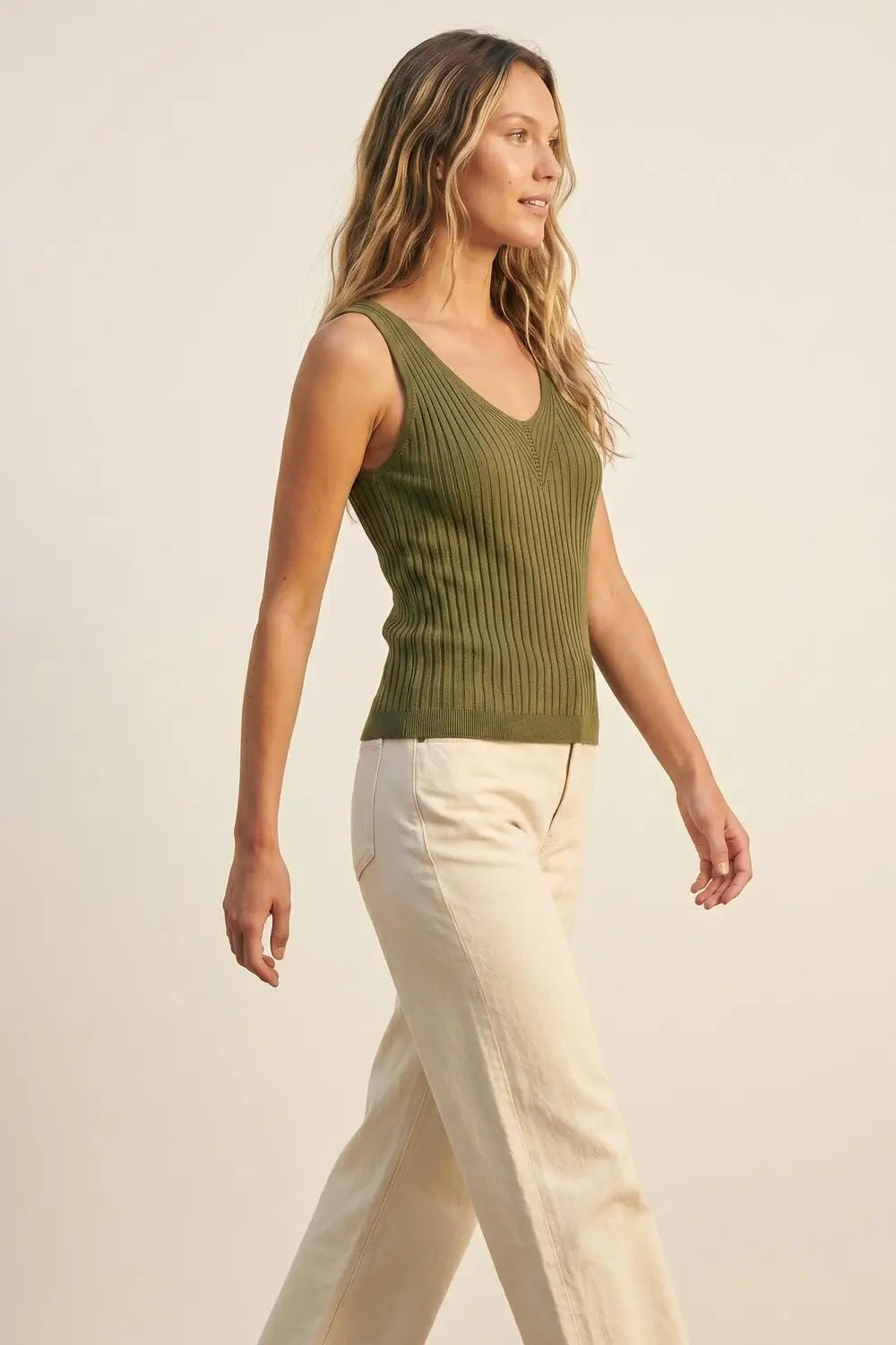 Olive Green Ribbed Knit V-Neck Tank Top - KHAKI / ONE - Tops