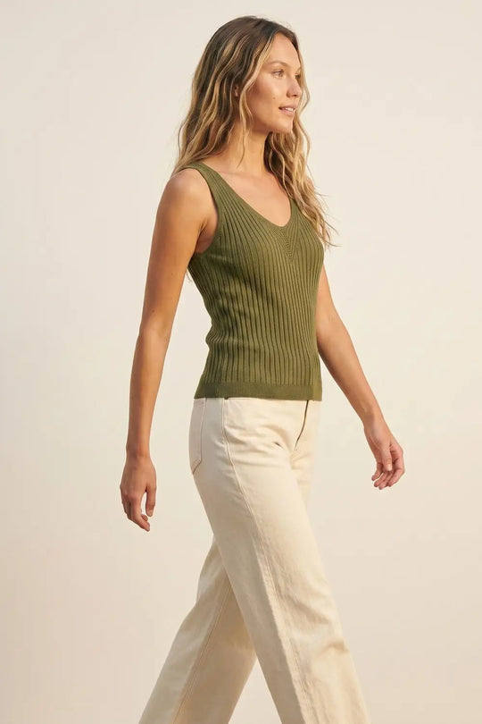 Olive Green Ribbed Knit V-Neck Tank Top - KHAKI / ONE - Tops